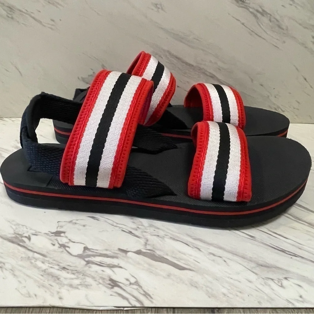Hunter Original Beach Sandal Strap Hook Loop Red Black White Stripe Sz UK 10